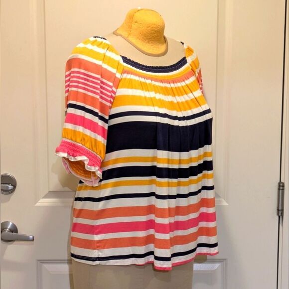 $5 Item! NWT LuLaRoe 2XL Lily Square Neck Top In Pink Blue and Yellow Stripes - Picture 6 of 8